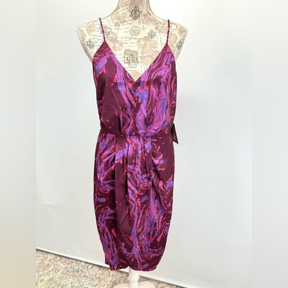 CHELSEA 28 Purple abstract print surplice spaghetti strap midi dress size S - Picture 11 of 16